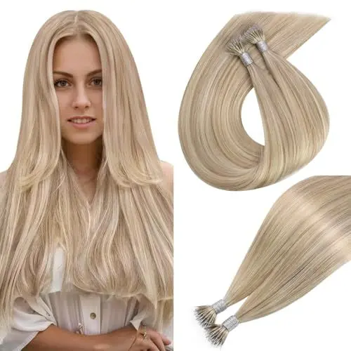 Produktbild: Easyouth Nano Ring Extensions Echthaar Nanoring Extensiosn Echthaar Aschblond und Gelb Blond 35 cm Nanoring Echthaar Extensions #18P613 50 Stück 50g