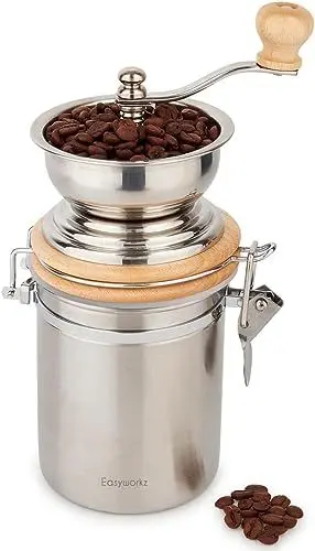 Produktbild: Easyworkz Manuelle Kaffeemühle – Einstellbare Einstellungen, luftdichter Behälter – Kaffeebohnenmühle für die Küche, Kaffeemühle mit Handkurbel