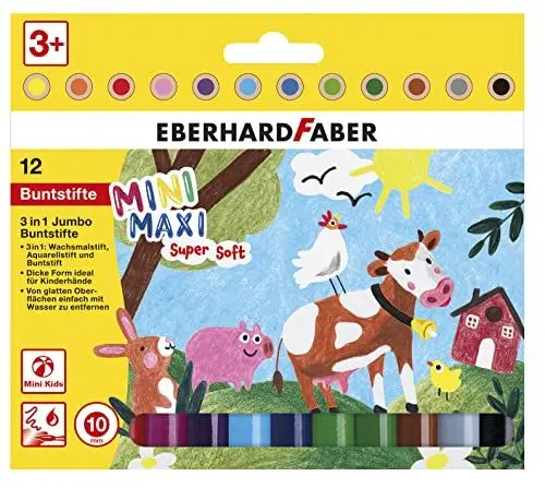 Produktbild: Eberhard Faber 518912 - Jumbo Buntstifte 3in1 mit Wachsmalstift, Aquarellstift und Buntstift, Mini Maxi, 12 Malstifte