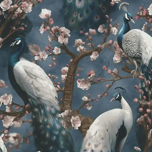 Produktbild: EB-Erismann Vliestapete Pfau Blüten Zweige Baum Floral Blau Braun Rosa 10414-08