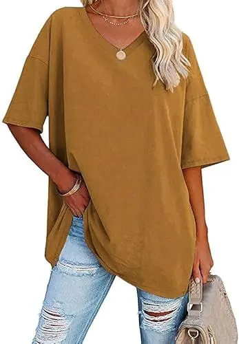 Produktbild: Ebifin Damen Oversize T Shirt mit V-Ausschnitt Kurzärmeliges Casual Lockere Basic Sommer Tee Shirts Bluse.Braun.XL