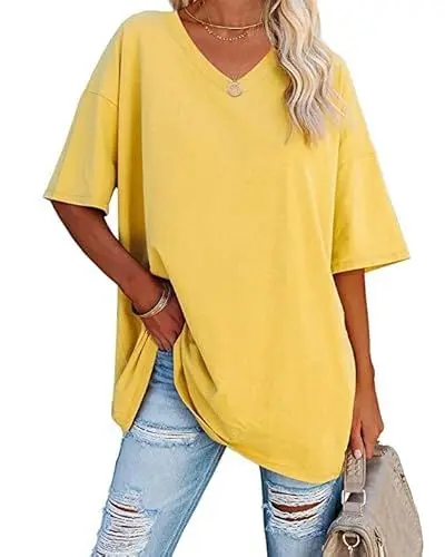 Produktbild: Ebifin Damen Oversize T Shirt mit V-Ausschnitt Kurzärmeliges Casual Lockere Basic Sommer Tee Shirts Bluse.Gelb.L