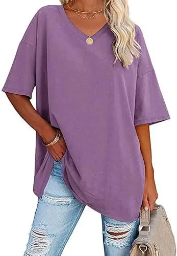 Produktbild: Ebifin Damen Oversize T Shirt mit V-Ausschnitt Kurzärmeliges Casual Lockere Basic Sommer Tee Shirts Bluse.Lila.XL