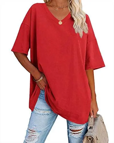 Produktbild: Ebifin Damen Oversize T Shirt mit V-Ausschnitt Kurzärmeliges Casual Lockere Basic Sommer Tee Shirts Bluse.Rot.XL