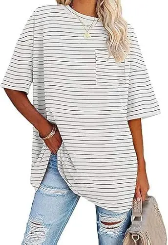Produktbild: Ebifin Oversize Gestreifte T Shirt Oberteile Damen Rundhals Kurzärmeliges Tops Casual Lockere Basic Sommer Tee Shirts Bluse.