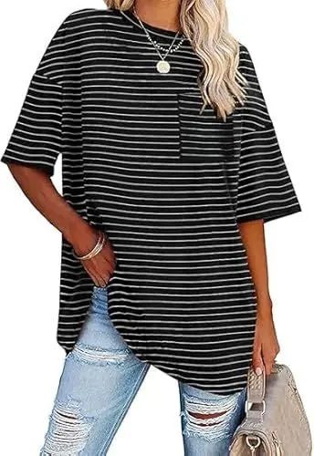 Produktbild: Ebifin Oversize Gestreifte T Shirt Oberteile Damen Rundhals Kurzärmeliges Tops Casual Lockere Basic Sommer Tee Shirts Bluse.Schwarze Gestreifte.XL