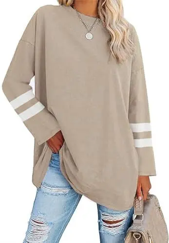 Produktbild: Ebifin Oversize Langarmshirt Damen Longshirt Rundhalsausschnitt Oberteil Langarm T Shirts Pullover Basic Tunika Tee Tops.Khaki.S