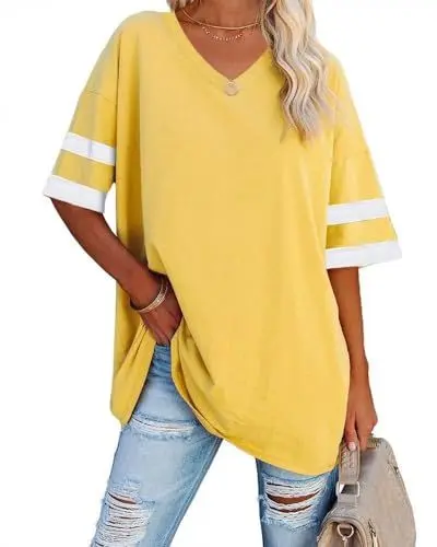 Produktbild: Ebifin Oversize T Shirt mit V-Ausschnitt Damen Kurzärmeliges Casual Lockere Basic Sommer Tee Shirts Bluse.Gelb.L