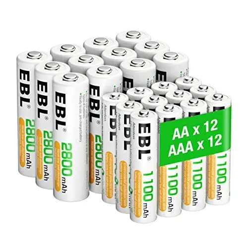 Produktbild: EBL AA AAA Akku Pack 24 Stück - AA Akku 2800mAh 12 Stück mit AAA Akku 1100mAh 12 Stück, 1,2V NI-MH wiederaufladbare Batterien