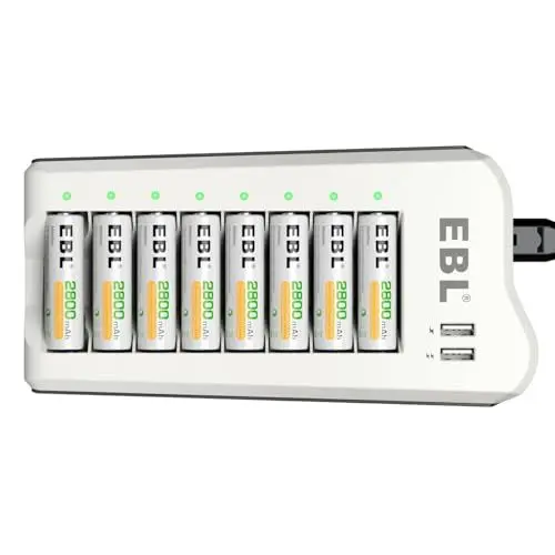 Produktbild: EBL Akku ladegerät mit AA Akku 2800mAh 8 Stück - Batterieladegerät mit 2-USB Port für AA, AAA, NI-MH Akkus und USB Geräte, Multischutz, LED Anzeige für Akkus