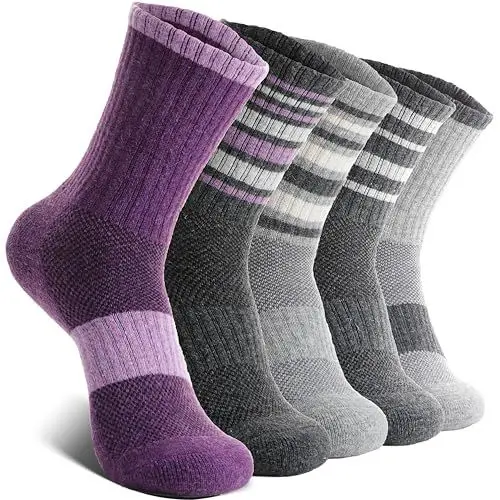 Produktbild: EBMORE Damen Merino Wollsocken Thermosocken Wandersocken Warmesocken Wintersocken Dick Wolle Sportsocken Arbeitssocken für Outdoor 5 Paar Geschenke(Streifen A Violett,M)