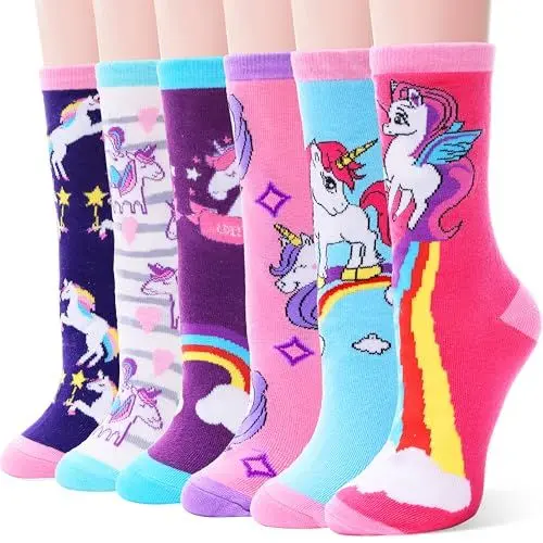 Produktbild: EBMORE Kinder Mädchen Socken Jungen Lustige Geschenke Baumwolle Kindersocken Bunte Weich Neuheit Socken Weihnachtssocken 6 Paar (Einhorn-h,5-8 Y)