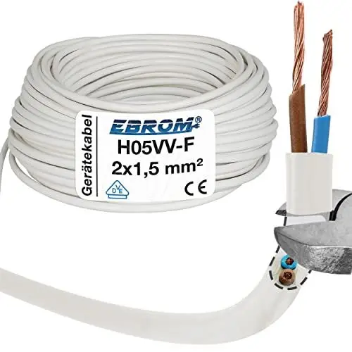 Produktbild: EBROM Kunststoff Schlauchleitung RUND, Kabel, Stromkabel, Leitung, Gerätekabel H05VV-F 2x1,5 mm² Farbe: weiß - Viele Längen in 5 Meter Schritten bis 200 Meter 2x1,5 mm2, Ihre Kabellänge: 20 Meter