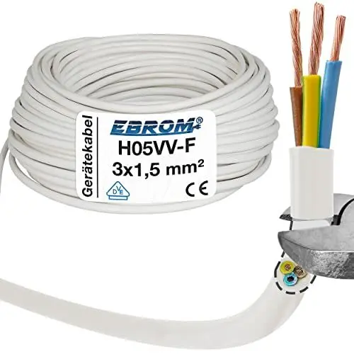 Produktbild: EBROM Kunststoff Schlauchleitung RUND, Kabel, Stromkabel, Leitung, Gerätekabel H05VV-F 3x1,5 mm² 3G1,5 mm2 - Farbe: weiß - Viele Längen in 5 Meter Schritten bis 150 Meter, Ihre Kabellänge: 15 Meter