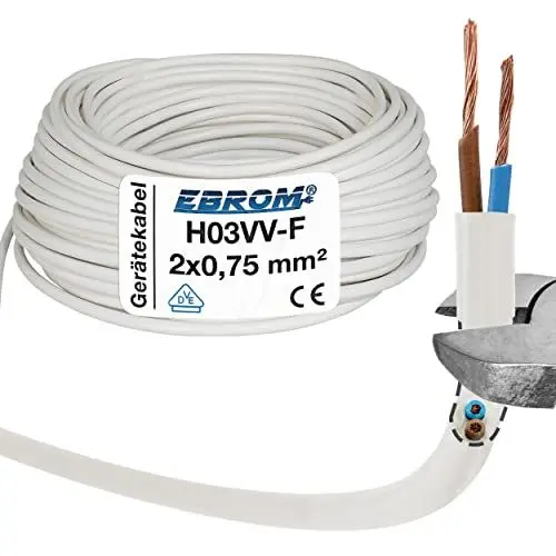 Produktbild: EBROM Kunststoff Schlauchleitung RUND, LED Kabel, Stromkabel, Leitung, Gerätekabel H03VV-F 2x0,75 mm² Farbe: weiß, viele Längen in 5 m Schritten bis 250 Meter 2x0,75 mm2, Ihre Kabellänge: 5 Meter
