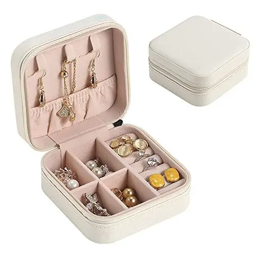 Produktbild: EBUTY Schmuckkästchen, Reise-Mini-Organizer, tragbar, für Ringe, Ohrringe, Halsketten, Geschenke für Mädchen und Frauen, Rosa und Weiß