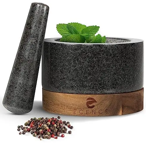 Produktbild: ECENCE Mörser mit Stößel aus hochwertigem Naturgranit und edlem Akazienholz-Sockel Ø15,5cm - Massiver Steinmörser für Kräuter & Gewürze - Mortar and Pestle