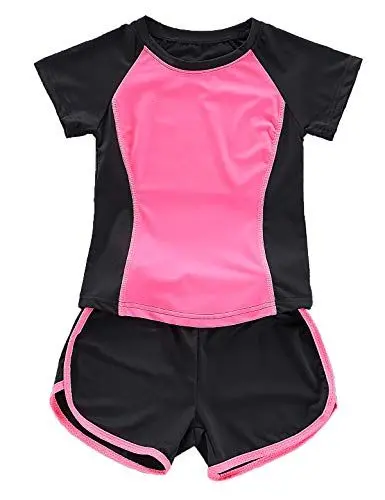 Produktbild: Echinodon Mädchen Sport-Set 2tlg Schnelltrockend T-Shirt + Shorts Trainingsanzug für Jogging Yoga Sommer Sportanzug Rot 140