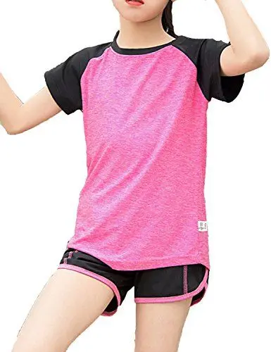 Produktbild: Echinodon Mädchen Sport Set Shirt + Shorts Schnelltrockend Anzug für Yoga Jogging Training Rosa 130