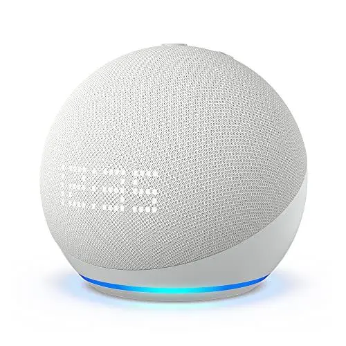 Produktbild: Echo Dot mit Uhr (5. Gen., 2022) | Smarter WLAN- und Bluetooth-Lautsprecher mit Uhr und Alexa und mit gigantischem, sattem Klang | Weiß