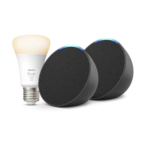 Produktbild: Echo Pop | Anthrazit, 2er pack + Philips Hue White Smart Bulb (E27), Funktionert mit Alexa - Smart Home-Einsteigerpaket