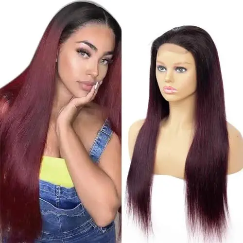 Produktbild: Echthaar Perücke Frauen 4x4 Transparente Spitze vorne 150% Dichte Straight Wig Perücke Damen Brazilian Virgin Human Hair Wig 1b/99j Burgundy Wig 4x4 Lace Front Wig Human Hair 24 inch