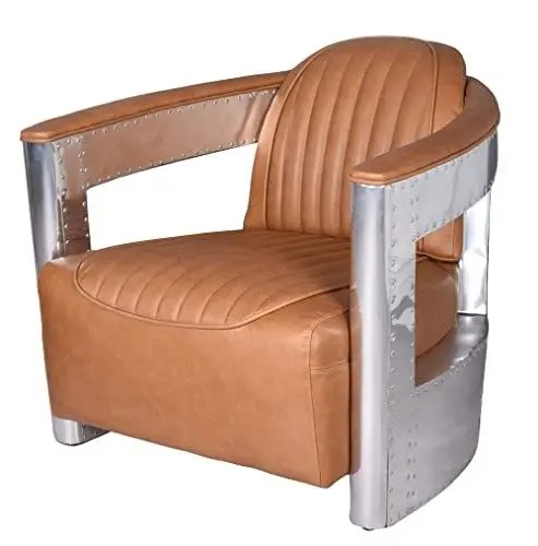 Produktbild: Echtleder Alu Sessel Armlehne Cognac Flugzeugsessel Aviator Armlehnsessel Club Sessel Art Deco ovl311 Palazzo Exklusiv