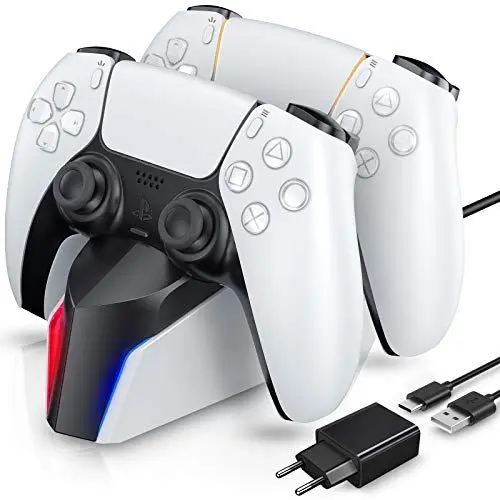 Produktbild: ECHTPower PS5 Controller Ladestation 2 Std Schnelllade mit EU Netzteil für Playstation 5, PS5 Charger Zubehör für Sony Playstation 5 DualSense Controller, weiß