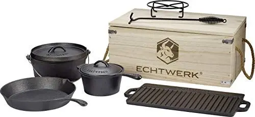 Produktbild: ECHTWERK 7-teiliges Dutch Oven Set aus Gusseisen in Holzkiste, Kochtopf-Set mit Kochtopf, Stieltopf, Grillplatte, Pfanne, Deckelheber und Untersetzer zum Kochen und Braten, bereits eingebrannt