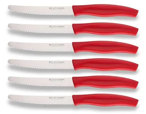 Produktbild: ECHTWERK Brötchenmesser,6 Stk., aus Edelstahl mit Wellenschliff, geeignet für Brötchen, Baguette, feste Früchte und Kuchen, ergonomischer Griff aus Kunststoff, Rot