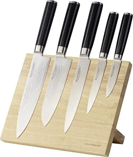 Produktbild: ECHTWERK Damastmesser Set 6tlg., Küchenmesser Set, Kochmesser, Santokumesser, Filetiermesser, Universalmesser, Schälmesser, Glattschliff, Messergriffe aus Pakka-Holz, Inkl. Magnet-Messerblock aus Holz
