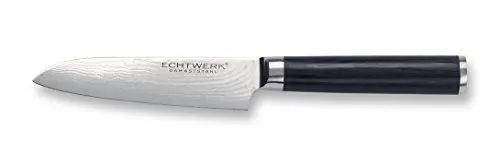 Produktbild: ECHTWERK Damastmesser, kleines Santokumesser, traditionelles japanisches Messer, Kochmesser, Küchenmesser, scharfe Klinge für präzise Schnitte von Fleisch, Fisch & Gemüse, Klinge ca. 13cm, Holzgriff
