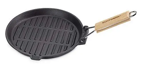 Produktbild: ECHTWERK EW-GE-1235 Grillpfanne aus Gusseisen mit Grillstreifen-mit Holzgriff, Schwarz