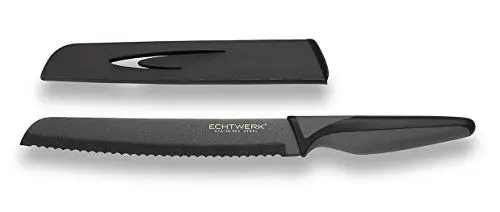 Produktbild: ECHTWERK Edelstahl Brotmesser, EW-SS-0130, Wellenschliffmesser, schwarzes Küchenmesser, Antihaftbeschichtung, hohe Schneidfestigkeit, Klingenschutz, ergonomischer Griff, Klingenlänge 20 cm