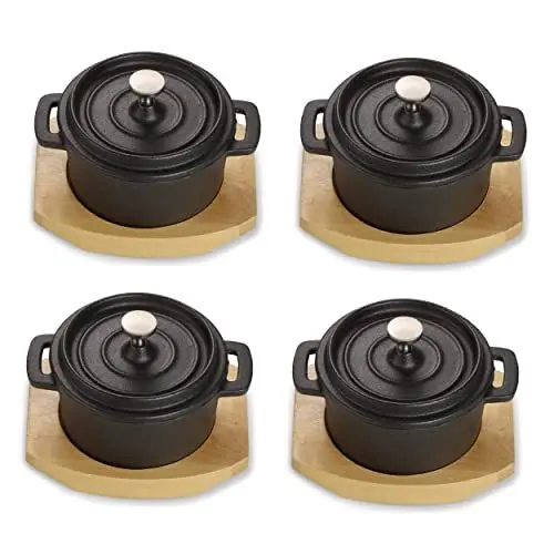 Produktbild: ECHTWERK Kochtopf Set aus Gusseisen, Mini-Kochtopf mit Servierbrett, Kleiner Bräter, Bereits eingebrannt, Für Backöfen, Grill, BBQ und Induktion geeignet, Ideal zum Servieren, 250 ml, 4tlg
