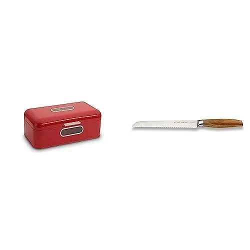 Produktbild: ECHTWERK Retro Brotkasten aus Metall mit Sichtfenster und Deckel, Rot, Brotmesser mit Wellenschliff, Classic-Edition