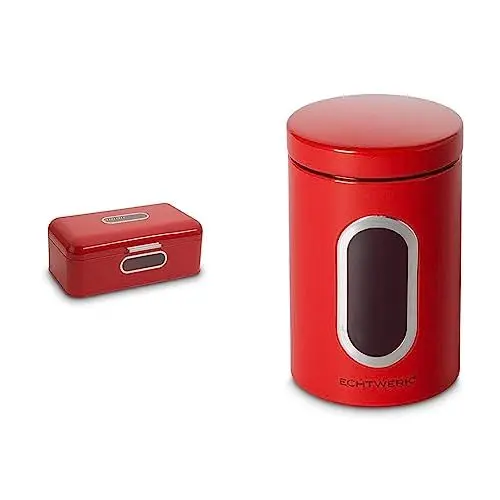 Produktbild: ECHTWERK Retro Brotkasten aus Metall mit Sichtfenster und Deckel, stilvolle Vorratsdosen 3er Set, Fassungsvermögen 1,4L, Rot