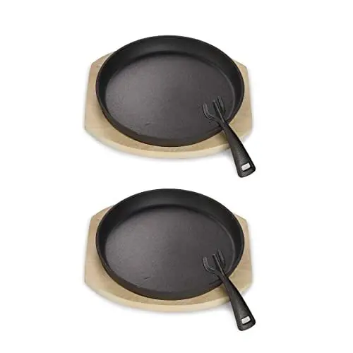Produktbild: ECHTWERK Servierpfanne 2er Set aus Gusseisen, Grillpfanne mit Servierbrett, Abnehmbarer Griff, Bereits eingebrannt, Für Backöfen, Grill, und BBQ geeignet, Ø 25 cm, Schwarz
