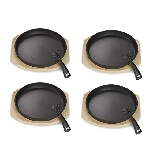 Produktbild: ECHTWERK Servierpfannen Set aus Gusseisen, mit Servierbrett, Abnehmbarer Griff, Bereits eingebrannt, Für Backöfen, Grill, und BBQ geeignet, Ø 25 cm, 4tlg