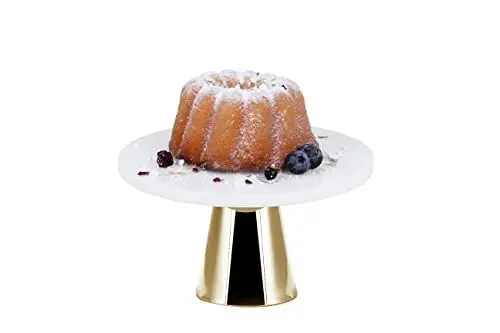 Produktbild: ECHTWERK stilvolle Tortenplatte aus Marmor, Kuchenplatte mit Standfuß, Gebäckständer zum Servieren von Speisen, Obst, Käse und Desserts, Tortenständer für Party oder Hochzeit, Gold-Edition, Ø 22 cm