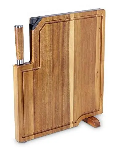 Produktbild: Echtwerk 3 in I Küchenmesser Set/ Schneidebrett aus Akazienholz mit integriertem Messerschärfer und Kochmesser (20cm)/ Tranchierbrett-Servierbrett-Schneidebrett zum Kochen und Schneiden
