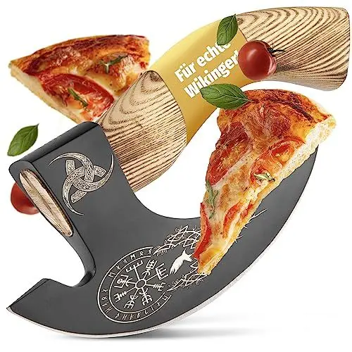 Produktbild: ECKWIN - Pizza Axt Wikinger inkl. Lederschutz - Pizzamesser für echte Wikinger - Pizzaschneider Axt perfekt geeignet als Wikinger Deko - Wikinger Axt, Pizza Wiegemesser, Wikinger Messer, Beil