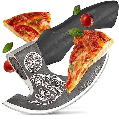 Produktbild: ECKWIN - Pizza Axt Wikinger inkl. Lederschutz - Pizzamesser für echte Wikinger - Pizzaschneider Axt perfekt geeignet als Wikinger Deko - Wikinger Axt, Pizza Wiegemesser, Wikinger Messer, Beil
