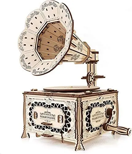Produktbild: EWA Eco-Wood-Art Grammofon 3D-Holzpuzzle für Jugendliche und Erwachsene-Mechanisches Modell Grammophon-DIY-Bausatz, Selbstmontage, kein Kleber erforderlich, Natur, Braun