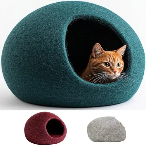 Produktbild: ecocasa Katzenhöhle Katzenbett Katzenhaus XL – auch für große Katzen – außen robust & innen kuschelig weich – handgemacht aus neuseeländischer Wolle - waschmaschinenfest (Petrol)