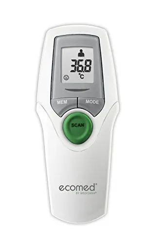 Produktbild: ecomed TM-65E Fieberthermometer, Kontaktlos, Infrarot, Präzises Stirnthermometer, Für Babys, Kleinkinder und Erwachsene, Inkl. Speicherfunktion, Umgebungstemperatur, Flüssigkeitstemperatur