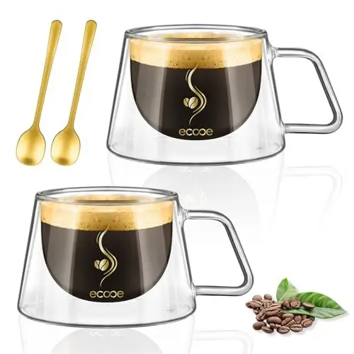 Produktbild: ecooe 120ml Espressotassen Glas Doppelwandige Espresso Gläser 2er Set, Borosilikatglas Kaffeetassen Glas Kaffeegläser Teegläser Espresso Tassen Set mit Henkel für Tee, Milch Geschenk für Frauen