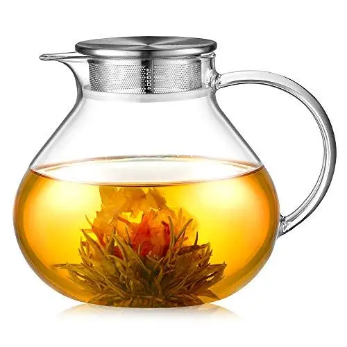 Produktbild: ecooe 1400ml Einfach Glas Teekanne mit 18/8 Silberne Edelstahl 2 in 1 Teesieb Deckel Borosilicate Glas Teebereiter Geeignet für Kalte und Heiße Getränke Offenem Feuer Herd Teewarmer