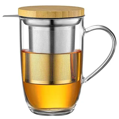Produktbild: ecooe 440 ml Glas Teetasse Borosilikat Teebecher Teeglas mit Ultrafein 18/8 Edelstahlsieb Natürlicher Bambus Deckle Verdickter für Kaffee Saft Kohlensäurehaltige Getränke Milch Joghurt