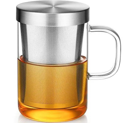 Produktbild: ecooe 500 ml(volle Kapazität) Glas Tasse mit Silberne Edelstahl Sieb und Deckel Teeglas Teebecher aus Borosilikat Teetasse
